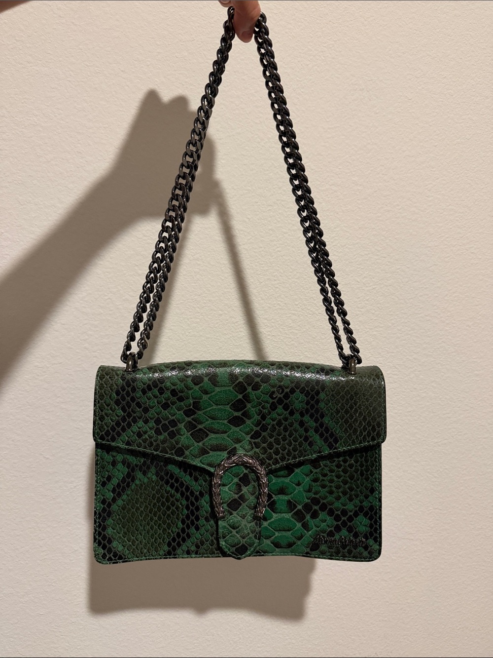 Green Snake-Embossed Shoulder Bag